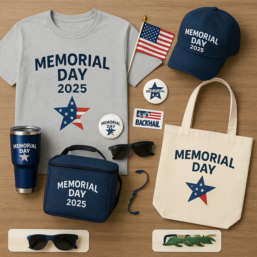 Memorial Day 2025 promotional products showcasing patriotic designs like t-shirts, flags, and drinkware.