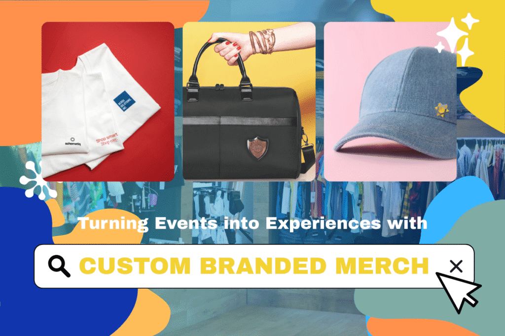 Custom branded merch at events creating lasting brand experiences with tote bags, apparel, and drinkware