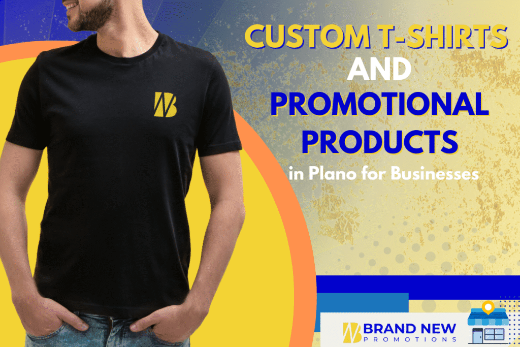 Custom T-Shirts and Promotional Products in Plano for businesses including branded tote bags, mugs, and t-shirts for brand visibility.