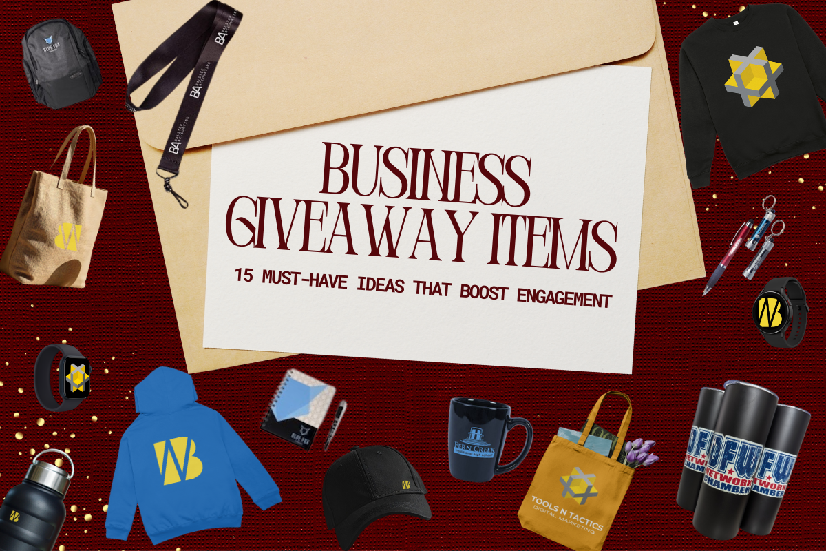 Business giveaway items including branded tumblers, tote bags, eco-friendly swag boxes, and custom apparel displayed at a corporate event