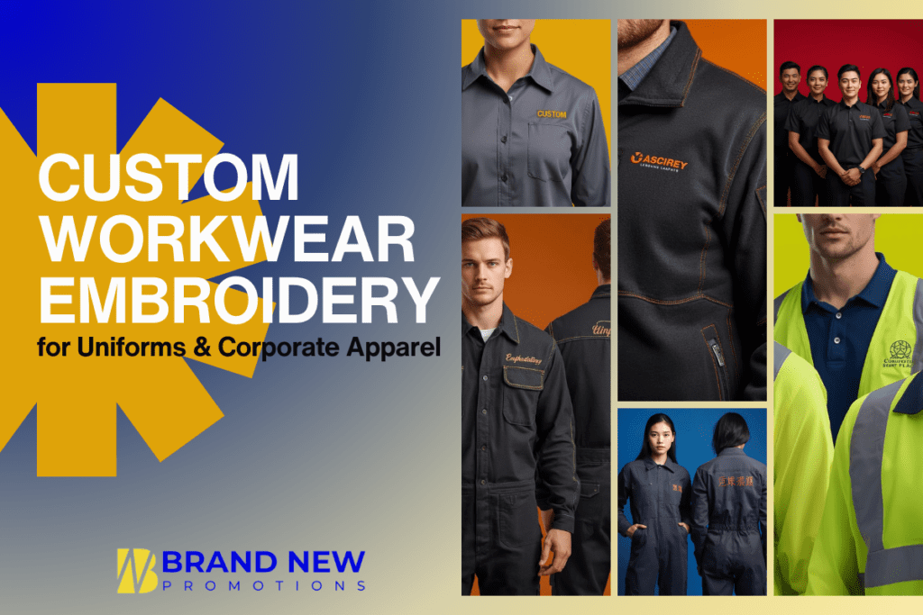 Custom workwear embroidery on uniforms with stitched company logo on polo shirts and work jackets