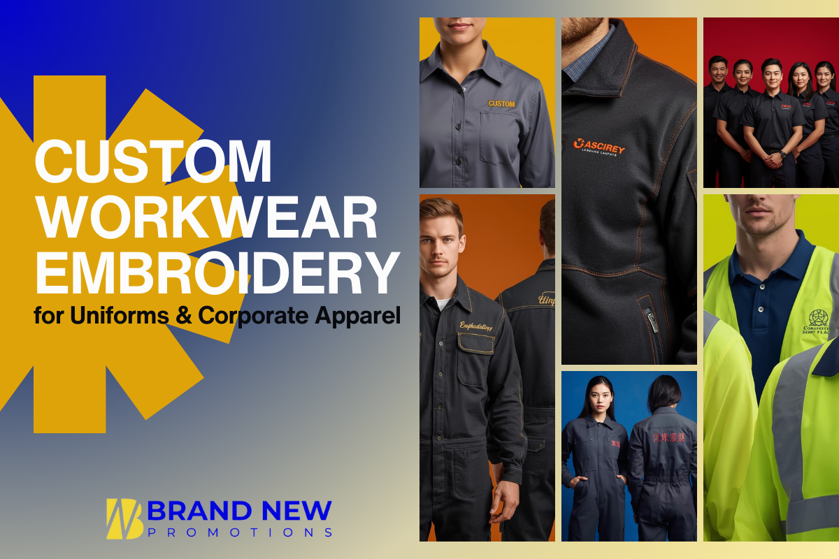 Custom workwear embroidery on uniforms with stitched company logo on polo shirts and work jackets
