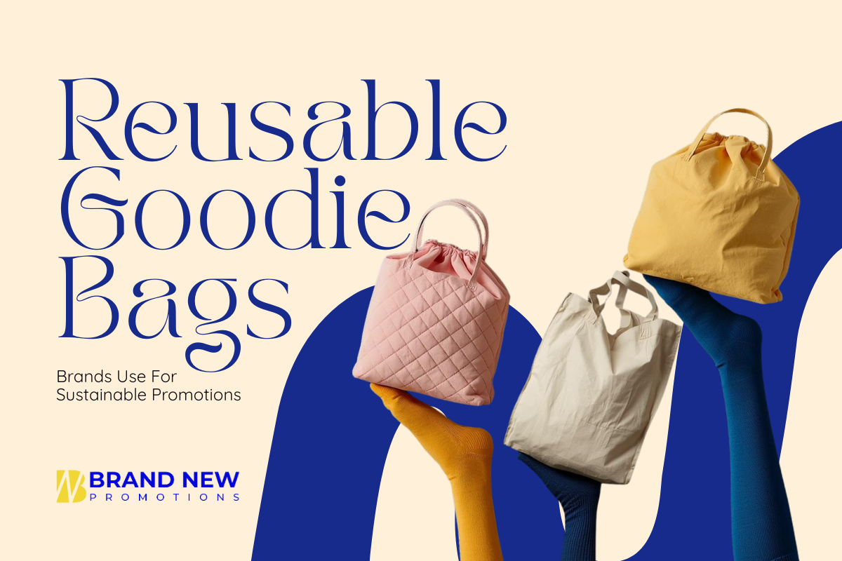 Reusable Goodie Bags in cotton, canvas, jute, and RPET materials arranged for sustainable promotions and eco friendly brand marketing.