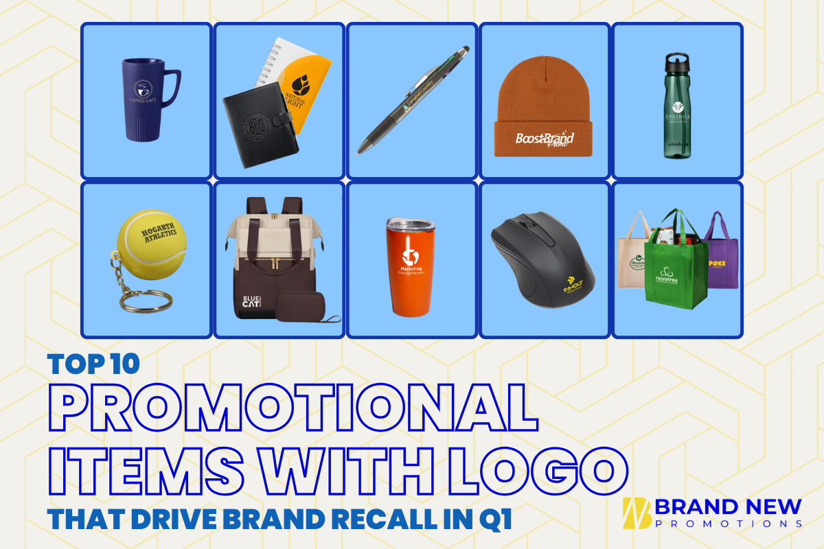 Promotional items with logo displayed as branded mugs, notebooks, apparel, and tech accessories used for business marketing