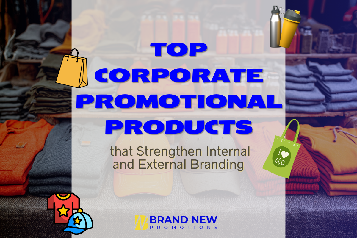 Corporate promotional products displayed in office and event settings showing branded apparel, drinkware, and office essentials used in daily work routines